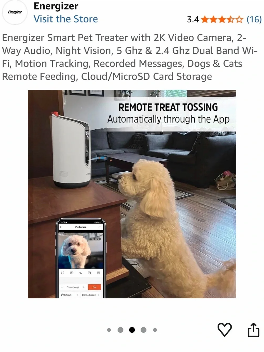 Energizer Smart Pet Camera & Treat Dispenser — White & Black